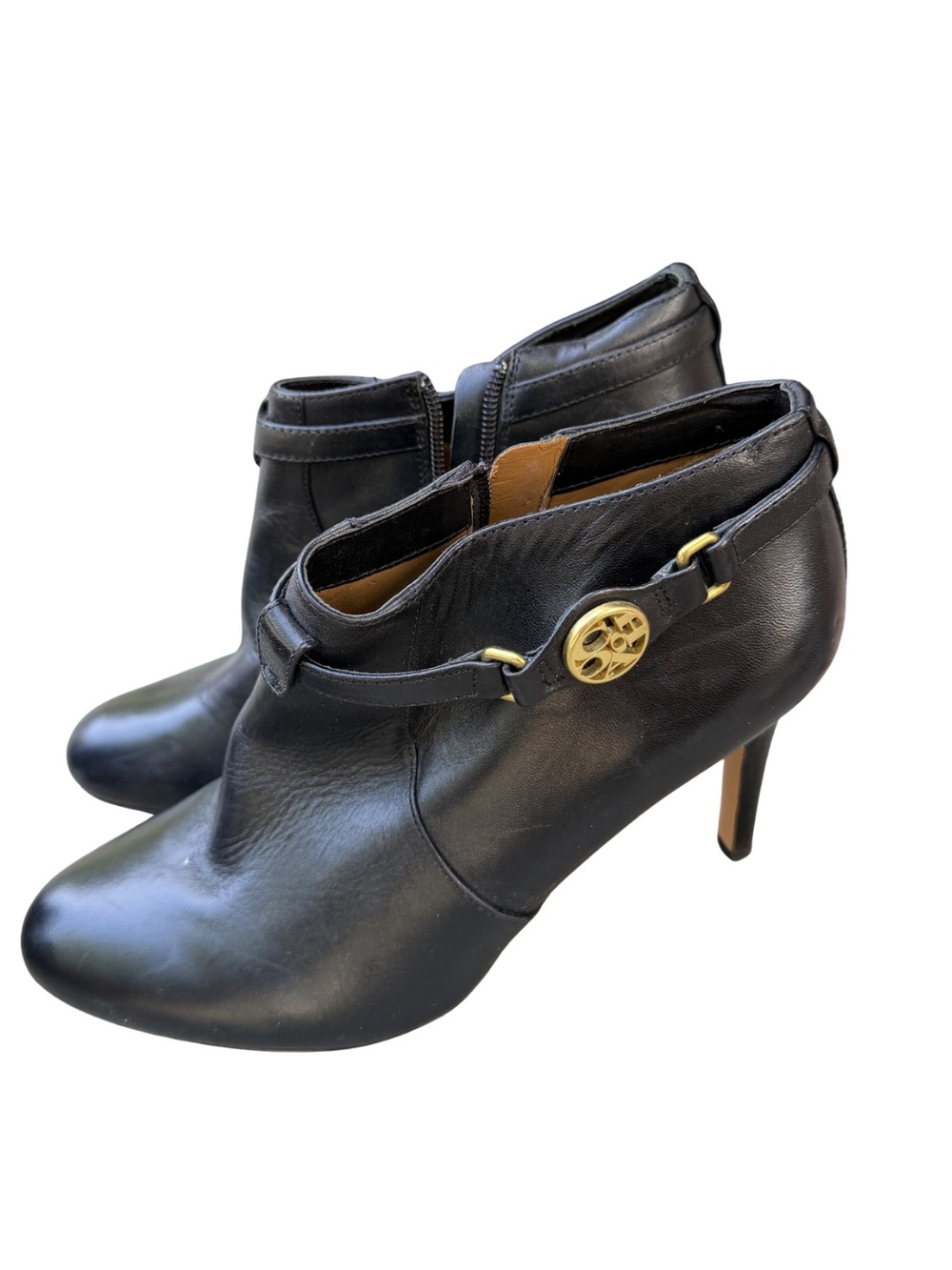 Coach Black Leather Heeled Ankle Boots with Gold Medallion